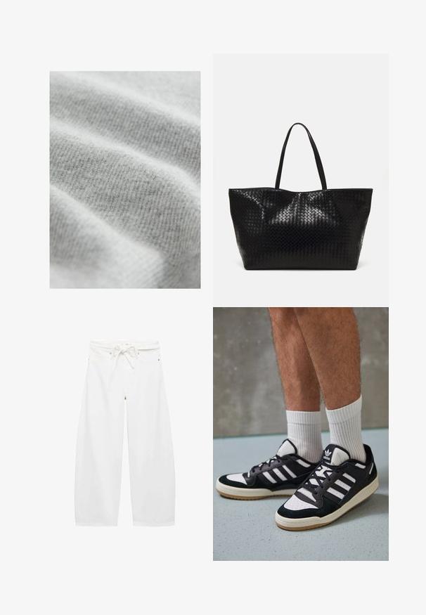 Vaaleanharmaa kangas, jossa on pehmeä, teksturoitu raidoituskuvio, jossa on hienovaraisia sävyvaihteluita ja sileä, kutsuva pinta.; Valkoiset, leveälahkeiset housut, jotka on valmistettu kevyestä kankaasta ja joissa on nyörivö ja kaksi etutaskua sekä yksinkertaisia metallisia yksityiskohtia.; Valkoiset ja mustat tennarit, joissa on mokkanahka- ja nahkapäällinen, kolme valkoista raitaa, rei'itetty kärki ja kumipohja.; Musta kudottu kassi, jossa on kaksi vankkaa kahvaa, näyttävästi kiiltävä rakenne ja tilava avoin yläosa.