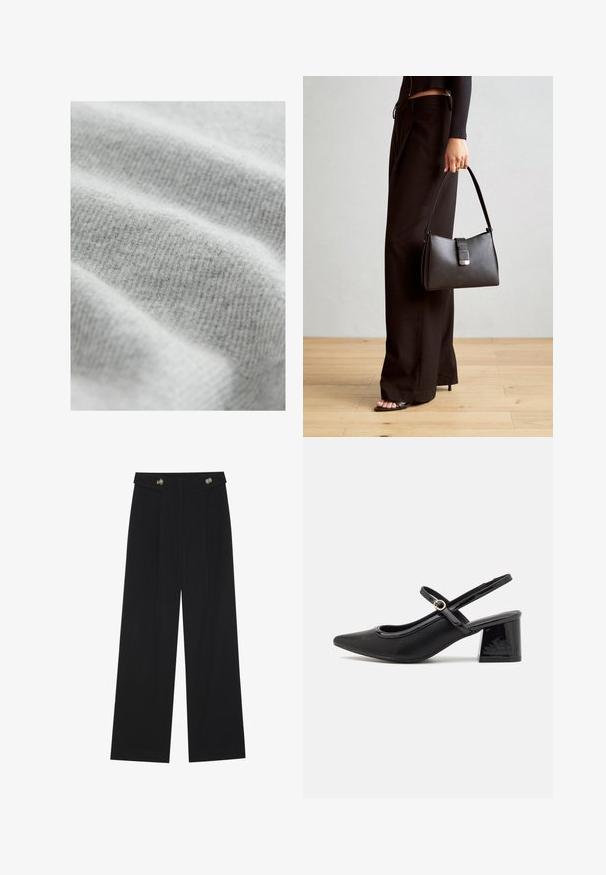 Lichtgrijze stof met een zacht, gestructureerd ribbelpatroon, met subtiele variaties in tinten en een gladde, uitnodigende oppervlakte.; Zwarte wijde broek met hoge taille, knoopdetails op de tailleband en plooien aan de voorkant.; Zwarte gepolijste leren slingback hakken met een spitse neus, een ronde uitsnede en een blokhak. Voorzien van een gouden gespaccent.; Zwarte handtas met gestructureerde vorm, gladde textuur en een metalen sluiting. Gecombineerd met brede zwarte broeken en sandalen met open teen op een houten vloer.