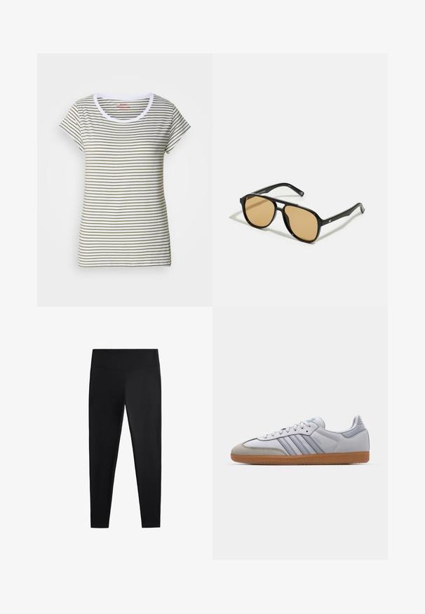 Striped t-shirt made of soft cotton, featuring horizontal white and olive green stripes, round neck, and short sleeves.; Black leggings made of smooth, stretchy fabric. Features a wide waistband and tapered leg design, suitable for active or casual wear.; White leather sneakers with light blue accents, grey suede toe, and a brown rubber sole. Features three blue stripes and "Samba" branding.; Black sunglasses with brown tinted lenses; rectangular shape with a thick frame, including subtle hardware accents on the temples.