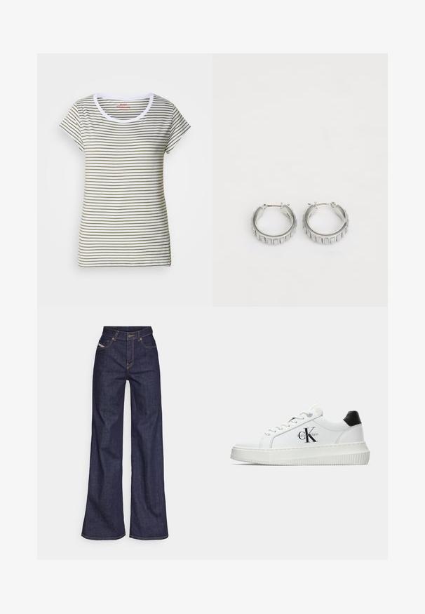 Striped t-shirt made of soft cotton, featuring horizontal white and olive green stripes, round neck, and short sleeves.; Dark blue wide-leg jeans in denim fabric with a high waist, featuring orange stitching, five-pocket design, and a button closure.; White low-top sneaker with black heel tab, platform sole, laces, and Calvin Klein "CK" logo on the side.; Silver hoop earrings with a textured design featuring vertical ridges. Circular shape with a secure latch closure. Smooth finish.