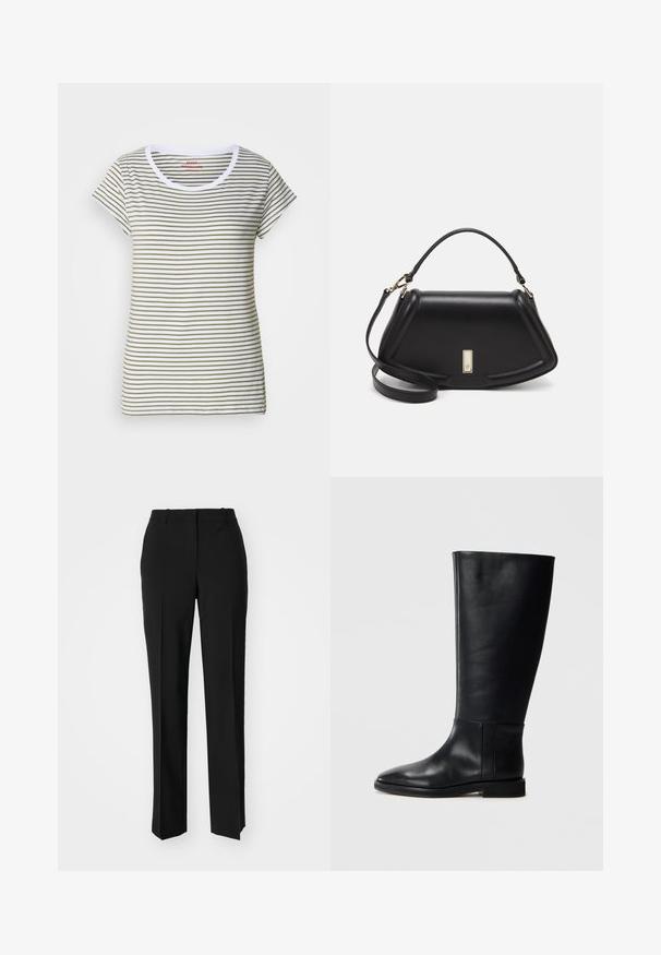 Stripet skjorte laget av myk bomull, med horisontale hvite og olivengrønne striper, rund hals og korte ermer.; Sorte skreddersydde bukser med rett silhuett, med en glatt tekstur og klare pressede bretter foran. Ingen synlig maskinvare.; Sorte skinnhøye støvler med rund tå, glatt tekstur, minimalistisk design og flat såle. Enkle sømdetaljer på skaftet.; Sort lærveske med en strukturert design, som har en avkortet form, topphåndtak og detaljer i gull. Justerbar skulderstropp inkludert.