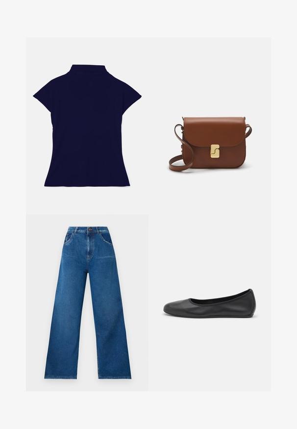 Tiger of Sweden ALITTA - Basic T-shirt - drive; Wide-leg jeans in dark blue denim with a high waist, featuring front and back pockets, and contrast stitching details.; Black leather ballet flat with a rounded toe, smooth texture, minimal stitching detail, and a flexible sole design.; Brown leather handbag with a flap closure, gold-tone hardware, a shoulder strap, and a smooth texture. Compact rectangular shape.