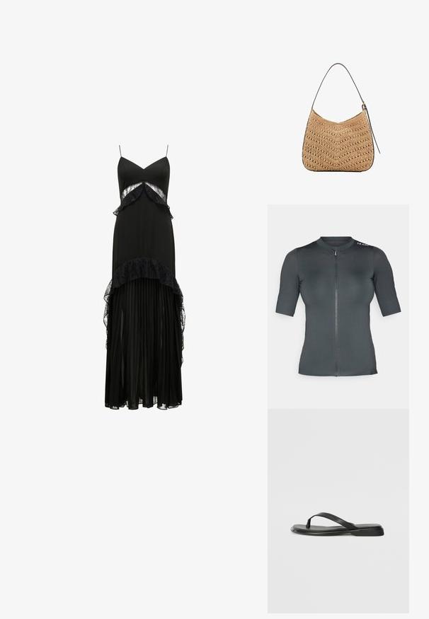 Lyhythihainen pyöräilypaita tummanharmaana. Siinä on etuvetoketju ja teksturoitu kangas, pyöreä kaulus ja logo-akcentti olkapäässä.; Mustasilkkinen maksi mekko, jossa on ohuet olkaimet, pitsikoristelu, kerrokselliset volangit vyötäröllä ja laskostettu hame. Sujuva pinta, elegantti siluetti.; Mustat varvastossut, joissa on sileä nahkapinta, ohut hihna ja litteä pohja, jossa on minimalistinen muotoilu. Ei huomattavia kuvioita tai koristeita.; Kudottu olkalaukku, jossa on kaareva muoto, tumma nahkahihna ja teksturoitu pinta, jossa on chevron-kuvio.