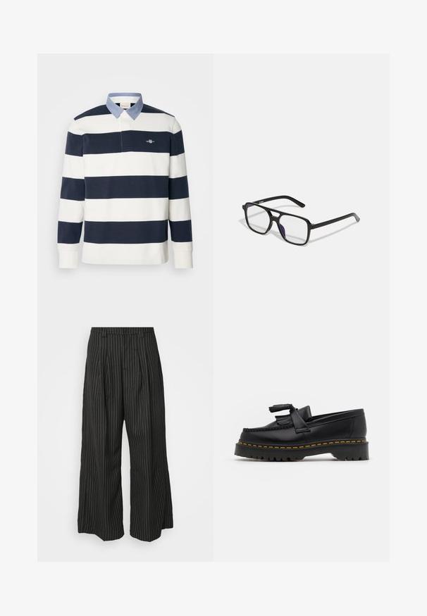 Pitkähihainen poolopaita, jossa on tummansinisiä ja valkoisia vaakaraidoituksia, sinisen farkkukankaan kaltainen kaulus ja pieni logo rinnassa.; Mustat pinstripe-linjaiset leveälahkeiset housut, joissa on pleateja, taidokkaalla muotoilulla ja pehmeällä tekstuurilla. Ei näkyvää metalliosia tai koristeita.; Musta nahkakengät, joissa on tupsuakkentti, paksu musta pohja ja keltainen ommel reunassa. Rakeinen pinta.; Mustat suorakulmaiset glasses, joissa on kirkkaat linssit ja hienovarainen violetti sävy, joissa on tyylikkäät eläimet ja minimalistinen muotoilu.