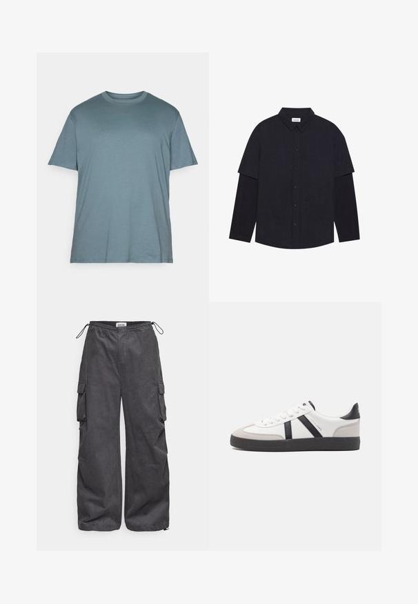Jack & Jones JJEBRADLEY jasnoszary melanż; Ciemnoniebieska koszula z kołnierzykiem typu spread, krótkimi rękawami z przedłużonym podszewką i pięcioma guzikami z przodu. Miękka tkanina o subtelnej teksturze.; Szare spodnie cargo z teksturowanej tkaniny, elastycznym pasem, sznurkiem do regulacji i detalami kieszeni po bokach. Luźny fason z szerokimi nogawkami.; Białe sneakersy z czarnymi i szarymi akcentami, z teksturowanym szarym czubkiem, czarną gumową podeszwą i płaskimi białymi sznurowadłami. Czysty design, minimalistyczny styl.