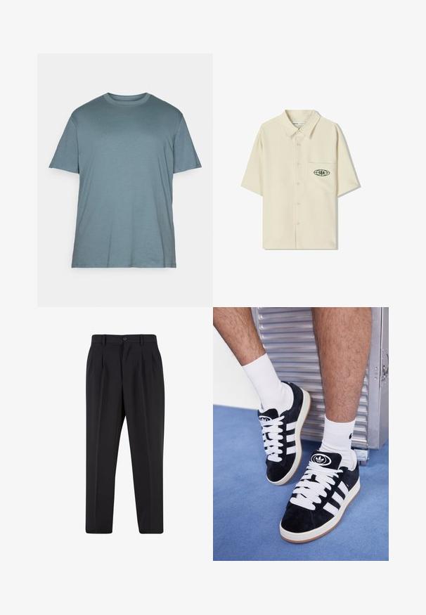 Jack & Jones JJEBRADLEY NOOS - Navadna majica - goblin blue; Polo s kratkimi rokavi, bež barve, z gumbi spredaj in ovratnikom, na levi strani prsnega žepa pa ima zeleni logotip. Gladka in lahka tkanina.; Črne hlače z nabranim sprednjim delom, narejene iz gladkega materiala. Imajo gumbasto zapiranje in zanke za pas; ravne hlačnice.; Črne semiš teniske z belimi vezalkami in tremi belimi črtami. Imajo okroglo črno oznako na jezičku in gumijast podplat.