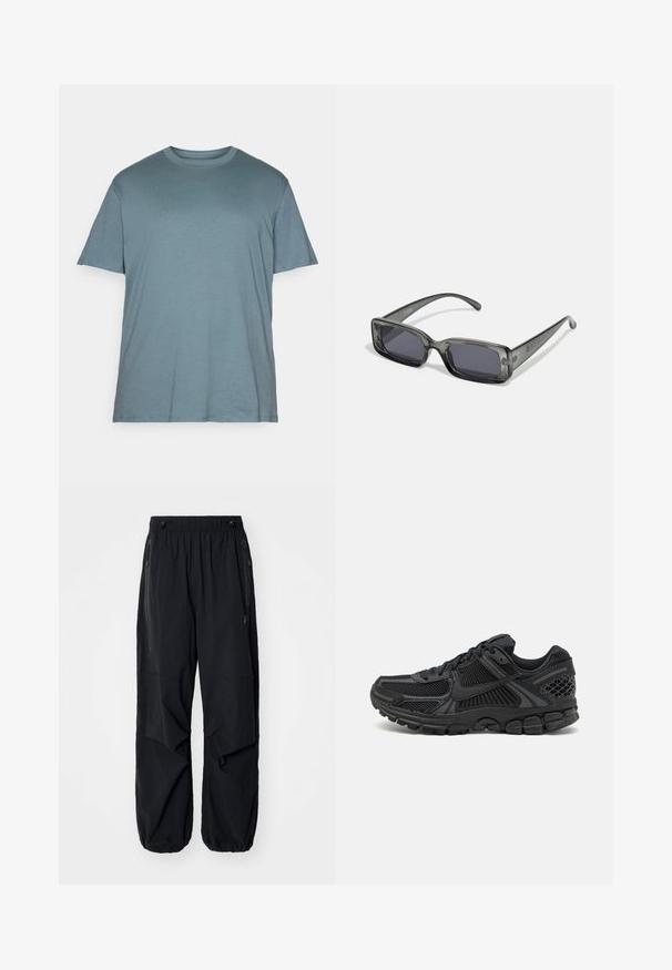 Jack & Jones JJEBRADLEY - T-Shirt basic - goblin blue; Schwarze leichte Cargo-Hosen mit elastischem Bund, seitlichen Reißverschlüssen und geräumigen Taschen. Bietet eine lockere Passform und tapered Bündchen.; Schwarzer Sportschuh mit mesh-Obermaterial, Gummisohle und strukturierten Akzenten. Das Design umfasst ein ausgeprägtes Schnürsystem und eine gepolsterte Sohle.; Rechteckige Sonnenbrille mit einem translucenten dunkelgrauen Rahmen, dunklen Gläsern und schlanken Bügeln. Auffälliges Logo-Detail am Rahmen.