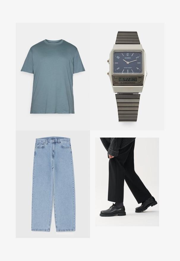 Jack & Jones JJEBRADLEY NOOS - Jednoduché tričko - goblin blue; Světle modré džíny s rovnými nohavicemi, středním pasem, pěti kapsami a zapínáním na knoflík a zip.; Černé kožené boty s kulatou špičkou, šněrovací design a silnou strukturovanou podrážkou. Noseny s dobře padnoucími černými kalhotami a žebrovaným svetr.; Digitální hodinky Casio s modrým ciferníkem, stříbrným pouzdrem a vrstveným černým gumovým remínkem. Zobrazuje čas a nastavení alarmu. Voděodolné.