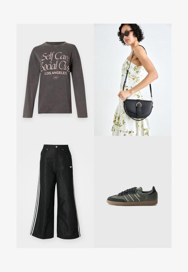 Grå langermet t-skjorte laget av myk stoff, med en stor rosa grafisk utskrift som leser "Self Care Social Club Los Angeles" med etablert dato.; Sorte vide benbukser med tre hvite striper på hver side og en liten hvit logo. Har frontlommer og knappelukking.; adidas Originals SAMBA OG - Joggesko - core black/legend earth/gum; Svart lærveske med en buet form, avtagbar stropp og gullbeslag. Vesken har et klaff med spenne-detall.