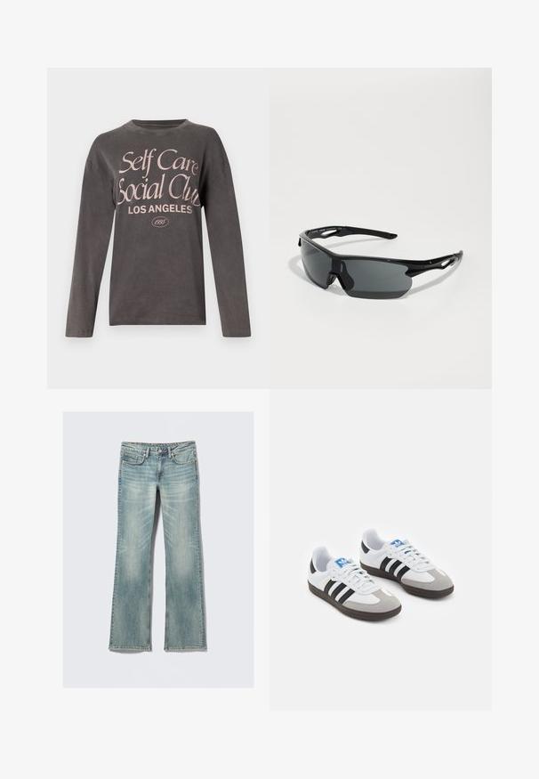 Tricou cu mânecă lungă gri, confecționat dintr-un material moale, cu un imprimeu mare de culoare roz care scrie "Self Care Social Club Los Angeles" și data înființării.; Jeans din denim bleu deschis cu ușoare uzuri, cinci buzunare, închidere cu bătaie și picioare drepte, pe un fundal alb.; Încălțăminte sport cu un superior din piele albă, vârf din suede gri și trei dungi negre. Prezintă un logo albastru pe limbă și o talpă din cauciuc texturat.; Ochelari de soare sport negri, cu lentile curbate, cadru din plastic ușor și temples texturate. Design elegant cu piesă de nas integrată.; Geantă din piele împletiță neagră, cu un design lejer, prezentând o curea legată și un mic stud decorativ de culoare aurie în partea de sus.