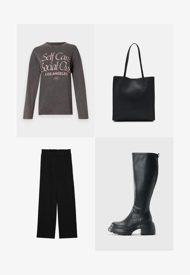 Tricou cu mânecă lungă gri, confecționat dintr-un material moale, cu un imprimeu mare de culoare roz care scrie "Self Care Social Club Los Angeles" și data înființării.; Pantaloni largi negri cu un tiv volant, cu două buzunare laterale și un material neted, ușor. Fără modele vizibile sau accesorii.; Cizme lungi din piele neagră cu talpă platformă masivă și tocul pătrat, având un tab de tragere și un model texturat pe talpa exterioară.; Geantă tote neagră din piele, cu textură netedă, formă rectangulară și două mânere lungi. Fără hardware vizibil sau ornamente.