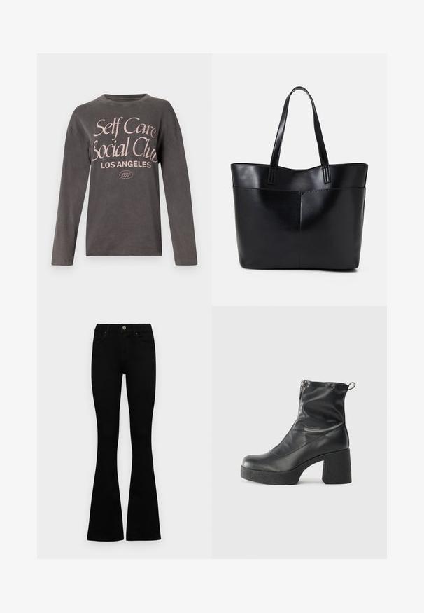 Gray long-sleeve t-shirt made of soft fabric featuring a large pink graphic print reading "Self Care Social Club Los Angeles" with established date.; Black high-waist jeans with a button and zip closure, front pockets, and flared legs laid flat on a white background.; Black ankle boots made of smooth leather, featuring a side zipper, chunky textured heel, and rounded toe design.; Black leather tote bag with two long handles, a smooth texture, and a structured shape. Features a front pocket for additional storage.