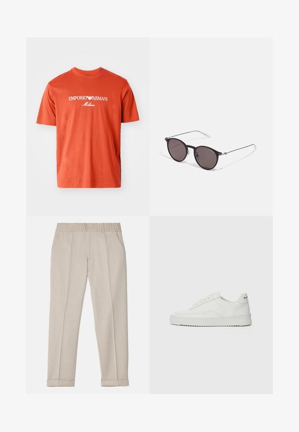 Piros pamut póló, kerek nyakkivágással, rövid ujjal, és fehér színű "EMPORIO ARMANI Milano" felirattal a mellkason.; Filippa K TERRY CROPPED TROUSERS - Nadrágok - sage melange; Fehér bőr sportcipő sima felülettel, kerek orral, lapos fűzőkkel és texturált talppal. Finom logó található a sarokon.; Fekete kerek napszemüveg sötét lencsékkel és karcsú fém szárakkal. Átlátszó szárvégeket és ezüst részleteket tartalmaz az ívnél. Minimalista dizájn.
