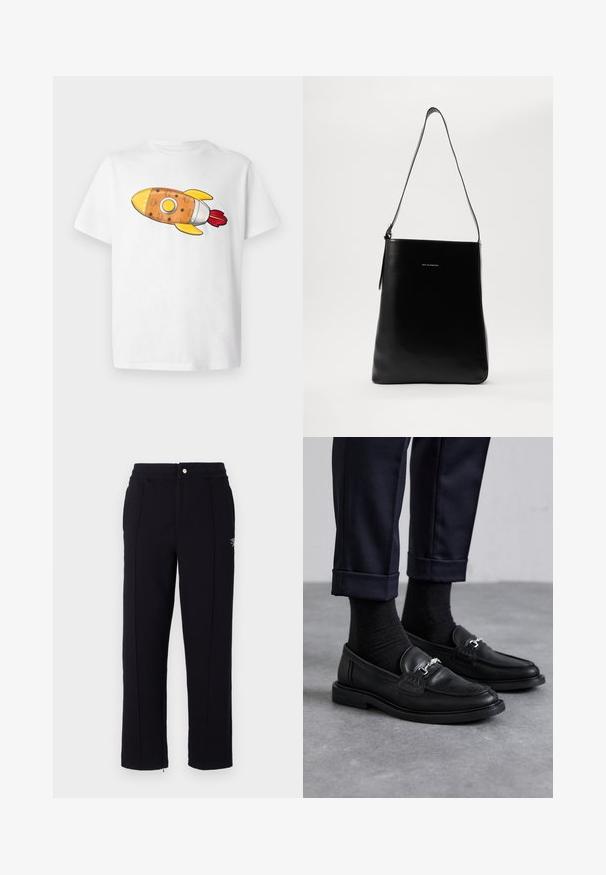 Biely tričko s farebnou grafikou rakety. Raketa je oranžová s žltými akcentmi, striebornými detailmi a červenými plameňmi.; Čierne tepláky so strihom na mieru, s postrannými švami, so zipsom na spodku a kovovým gombíkom na zapínanie v páse. Diskrétna brandingová detail.; Čierne kožené mokasíny s textúrovaným povrchom, so striebornými kovovými detailmi, v kombinácii s tmavými ponožkami a manžetovými námorníckymi nohavicami.; Čierna kožená ramenná taška s hladkou textúrou, obdĺžnikovým tvarom a dlhým popruhom; na strede sa nachádza malé biele logo.