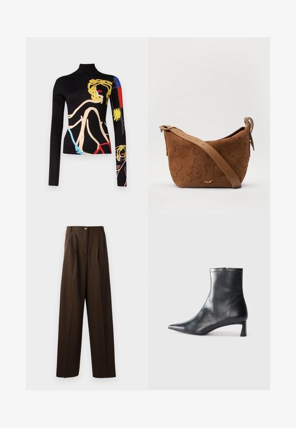 Alice + Olivia Ilgarankovis viršutinės dalies drabužis - black; Rudos pritaikytus kelnes su plačiomis kojomis, turinčios priekinį klostę, mygtuko užsegimą ir lygią, tekstūrą turinčią medžiagą.; Juodas odinis kulkšninis batas su smailiu pirštu ir elegantišku dizainu. Turi žemą kulną ir užtrauktuką gale. Lygi tekstūra.; Ruda suedes pečių rankinė su išsiuvinėtu gėlės dizainu, papildyta lygiu ruduo odos diržu ir auksinės spalvos detalėmis.