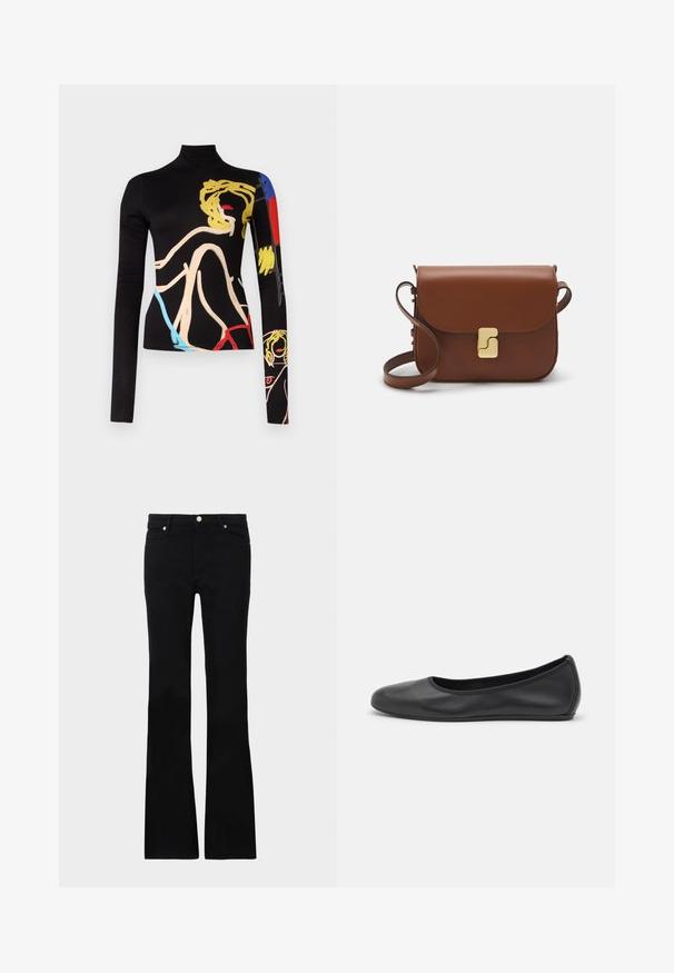 Alice + Olivia Ilgarankovis viršutinės dalies drabužis - black; Juodi plačios kojų džinsai, pagaminti iš denimo, turintys dvi priekinės kišenes, užsegimą su mygtuku ir lygią tekstūrą. Išsiuvinėjimas matomas siūlėse.; Juodai odiniai baletai su apvaliu pirštu, lygi texture, minimalus siuvimo detales ir lanksčiu padų dizainu.; Ruda odinė rankinė su uždaromu dangteliu, aukso spalvos detalėmis, petneša ir lygiu paviršiumi. Kompaktiška stačiakampio formos.
