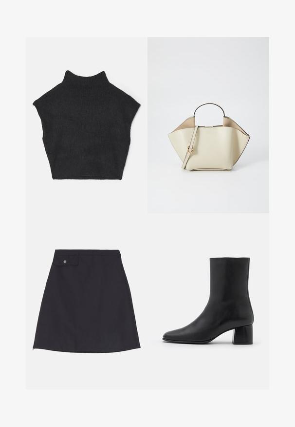 Fekete bordás kötött ujjatlan garbó, magas gallérral, cropped szabással és puha textúrával.; Fekete pamut szoknya egyenes sziluettel, gombos zsebbel, oldalsó cipzárral és sima szövet textúrával.; Fekete bőr bokacsizma hegyes orral és vastag, négyzet alakú sarokkal. Simább felület, mondanivaló nélküli dizájn és minimalista varrás.; Ree Projects ANN - Kézitáska - beige