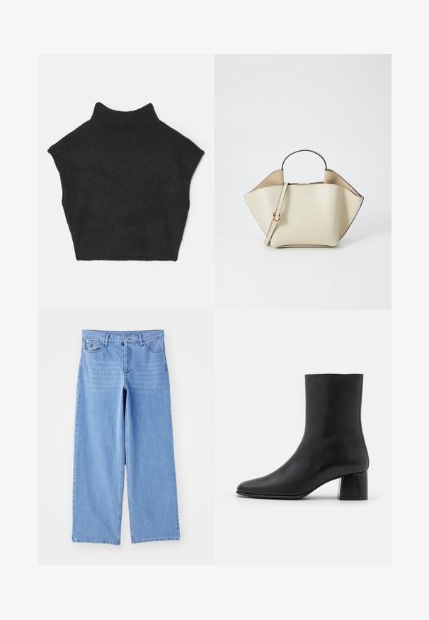 Must have kõrge kaelusega must ribakudumine ilma varrukateta villane kampsun, millel on lühendatud disain ja pehme tekstuur.; Heledad sinine laiad teksapüksid, valmistatud denimist, klassikalise viie tasku kujundusega ja nupplukuga. Sile tekstuur, hõrenenud serv.; Must musta ankle boot terava nina ja turske ruudukujulise kontsaga. Sile tekstuur, sujuv disain ja minimaalne õmblus.; Ree Projects ANN - Käekott - beige; Hõbedased pärli kõrvarõngad, millel on kumer oas kuju. Sile, läikiv pind, kinnitatud postiga ja tagumise sulguri abil.