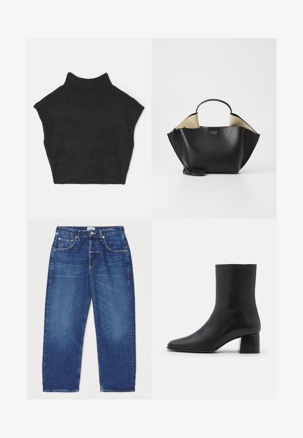 Black ribbed knit sleeveless turtleneck sweater with a high collar, featuring a cropped design and soft texture.; Citizens of Humanity DAHLIA IN CLAREMONT - Relaxed fit jeans - dark-blue denim; Black leather ankle boot with a pointed toe and a chunky square heel. Smooth texture with a seamless design and minimalistic stitching.; Ree Projects ANN TOTE MINI - Handbag - black