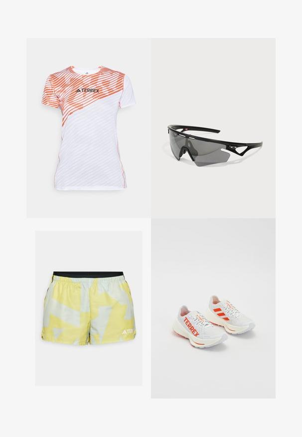 Biała i pomarańczowa koszulka sportowa z krótkim rękawem w diagonalny pasek z logo "TERREX" na wysokości klatki piersiowej.; Żółte i jasnoszare spodenki sportowe z geometrycznym wzorem, elastycznym pasem, bocznymi rozcięciami oraz detalem z logo na krawędzi.; Białe buty do biegania z pomarańczowymi akcentami. Materiał siateczkowy, zaokrąglony czubek i gruba podeszwa. Na bocznej stronie nadruk 'TERREX' oraz trzy paski na pięcie.; Okulary sportowe z czarną plastikową ramą i szarymi przeciwsłonecznymi soczewkami. Charakteryzują się kanciastym kształtem i wycięciami w ramie dla lepszej wentylacji.