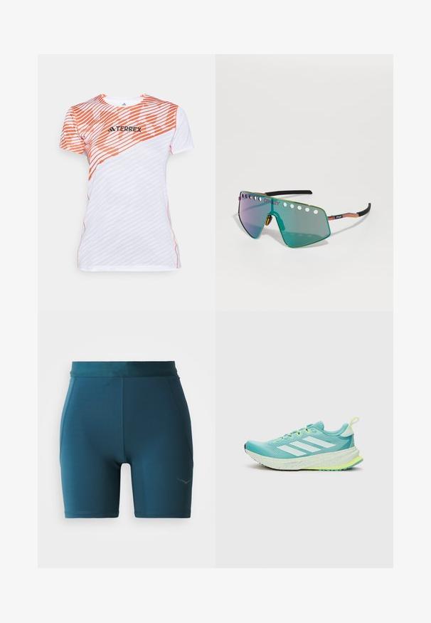 Bílé a oranžové sportovní tričko s krátkým rukávem s diagonálním pruhovaným vzorem a logem "TERREX" na hrudi.; Tyrkysové sportovní šortky vyrobené z hladkého, elastického materiálu. Mají široký pas a prošívané detaily, s malým logem na boku.; Světle modrá běžecká obuv s bílými pruhy, texturovaným svrškem, polstrovaným límcem a žlutozelenými akcenty na podrážce a tkaničkách.; Sluneční brýle Oakley mají velké, zelené zrcadlové čočky s výřezem v horní části, elegantní ostrý design a barevný kovový rám s černými koncovkami.