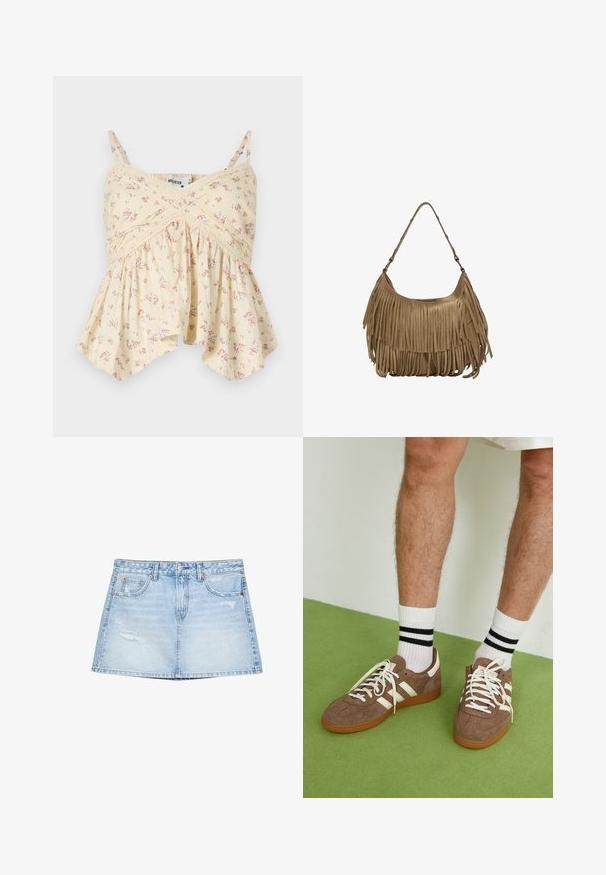 Yellow floral camisole with thin straps, gathered bust, and flared hem. Features small pink and blue flowers and lace detailing.; Light blue denim skirt featuring a straight cut, front pockets, and distressed details. Finished with a button and zip fly closure.; Brown suede sneakers with white accents and laces. Rubber gum sole. Worn with white socks featuring black stripes. Green textured flooring.; Brown suede handbag with long fringe details, a curved shape, and a single shoulder strap. Features a smooth, textured surface.
