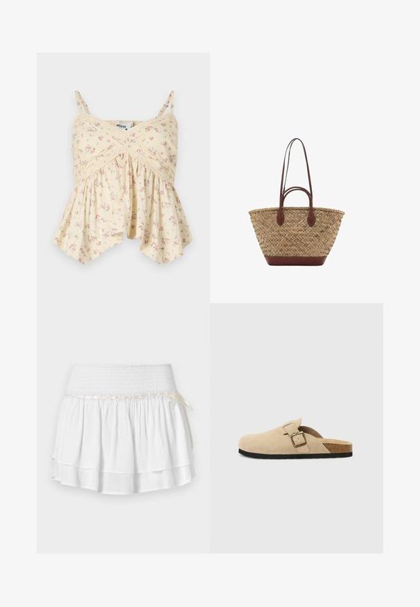 Camisetta floreale gialla con spalline sottili, scollatura arricciata e orlo svasato. Presenta piccoli fiori rosa e blu e dettagli in pizzo.; Gonna bianca a strati con vita elastica, caratterizzata da un dettaglio in smocking testurizzato e un nastro decorativo. Tessuto di cotone.; Zoccoli beige in suede con piede in sughero, punta rotonda e una semplice fascia con una fibbia dorata. Suola in gomma per una buona aderenza.; Borsa tote in paglia intrecciata con texture a treccia, manici e base in pelle marrone scuro, forma circolare larga e design con apertura superiore.