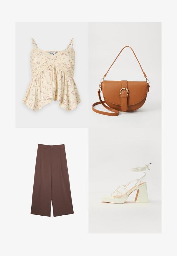 Yellow floral camisole with thin straps, gathered bust, and flared hem. Features small pink and blue flowers and lace detailing.; Brown wide-leg trousers with a smooth texture, featuring a high waist and front pleats. The fabric is lightweight and flows loosely.; White high-heeled sandal with a chunky heel, featuring a strappy design and ankle tie. Smooth texture with a platform front for added height.; Brown leather crossbody bag with a curved shape, gold hardware, and a buckle accent. Features a detachable shoulder strap.