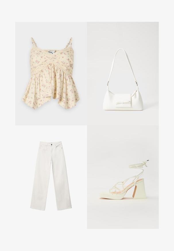 Gul blomster camisole med tynde stropper, rynket bryst og flæsekant. Har små lyserøde og blå blomster samt blonde detaljer.; Hvide bukser med vidde lavet af denim, med høj talje, fem lomme-design og metalknaplukning. Glat tekstur, ingen mønstre.; Hvide højhælede sandaler med en kraftig hæl, der har et stropdesign og ankelbinding. Glat tekstur med en platform foran for ekstra højde.; Hvid syntetisk håndtaske med en trekantet form, flad forsideklap og sløjfedetalje, justerbar strop, glat tekstur og minimalistisk design.