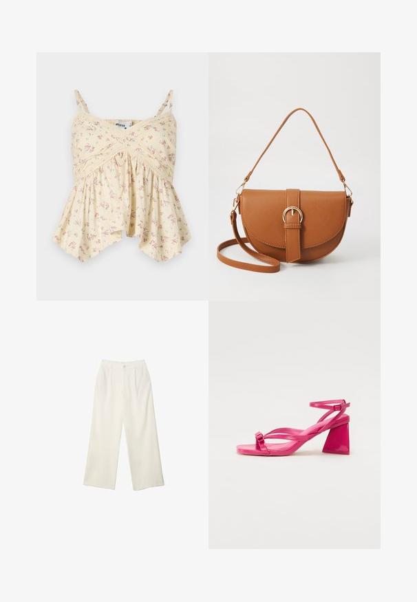 Žltá kvetinová tielko s tenkými ramienkami, skladaným výstrihom a rozšíreným spodným okrajom. Obsahuje malé ružové a modré kvety a krajkové detaily.; Široké nohavice z krémovej látky s hladkou textúrou, s jedným predným gombíkom, jemnými skladmi a vysokým pásom.; Ružové lakované kožené sandále na podpätku so štvorcovou špičkou, úzkymi popruhmi a geometrickým blokovým podpätkom. Obsahujú sponu na popruhu.; Hnedá kožená kabelka cez telo s zakriveným tvarom, zlatými kovovými doplnkami a akcentom s prackou. Obsahuje odnímateľný ramenný popruh.