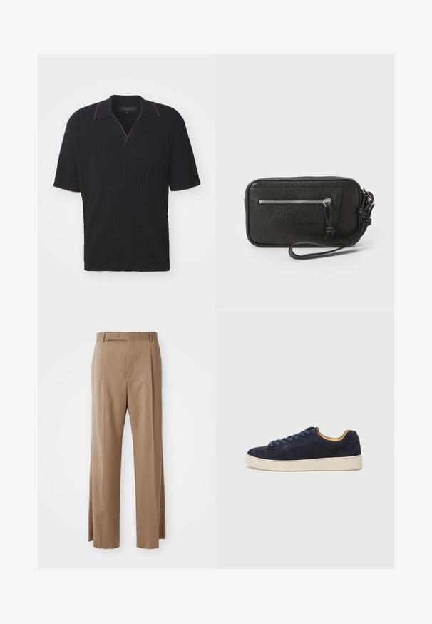 rag & bone HARBOR JOHNNY COLLAR - Poloshirts - black; Lysebrune skræddersyede bukser med lige ben, bæltestropper, front søm og skjult lukning, præsenteret fladt på hvid baggrund.; Marineblå ruskinds lav-top sneaker med rund tå, off-white gummisål og matchende snørebånd; har en kontrasterende tan indvendig foring.; Sort læder clutch med struktureret overflade, frontlynlåslomme og aftageligt håndledsrem. Har et logo patch på forsiden. Firkantet form.