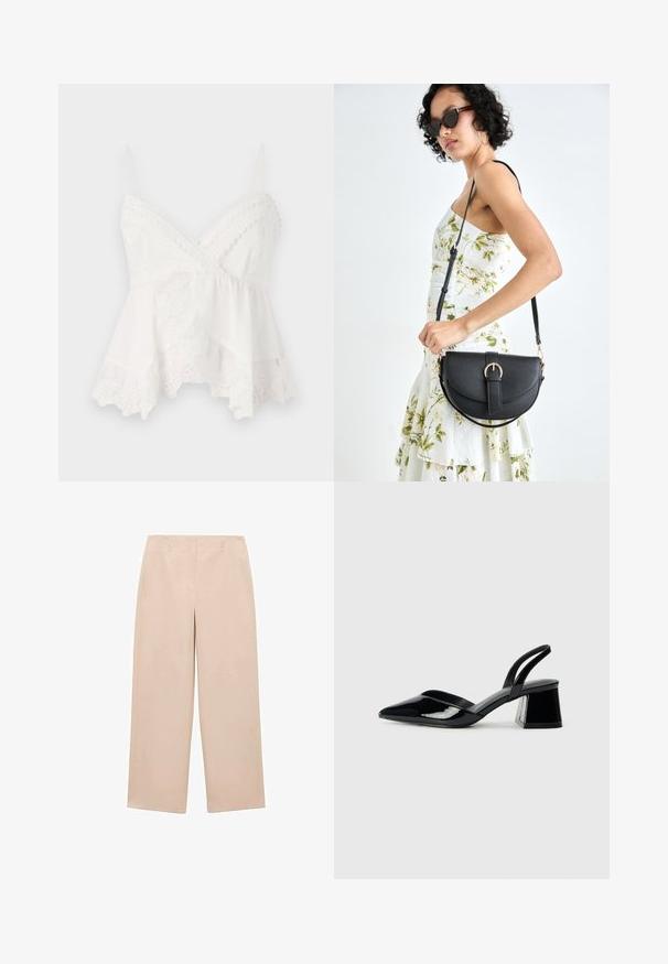 Camisola albă cu bretele subțiri, având dantelă pe margine și broderie florală pe tiv. Material moale și ușor, cu un design în straturi.; Pantaloni largi bej, confecționați dintr-un material neted, cu un față plată, bucle pentru curea și fără modele sau accesorii vizibile.; Pantofi cu toc slingback din piele lacuită neagră, cu vârf ascuțit și toc geometric. Prezintă un design elegant, minimalist și o textură netedă.; Geantă din piele neagră, cu o formă curbată, curea detașabilă și accesorii aurii. Geanta are un capac cu un detaliu tip cataramă.