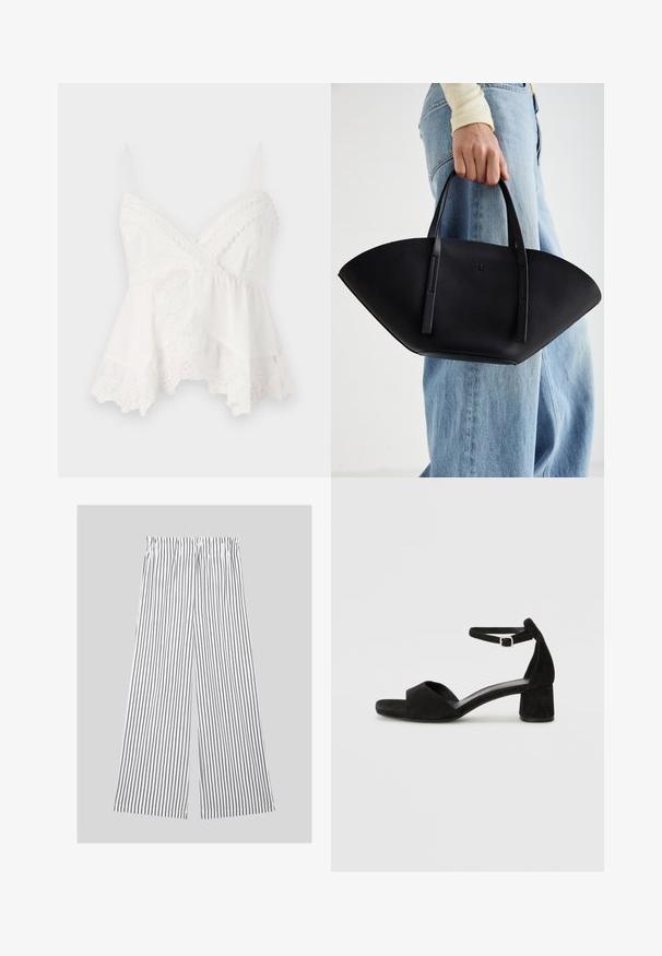 Weißes Top mit dünnen Trägern, besetzt mit Spitzenrand und floralem Stickmuster am Saum. Hergestellt aus weichem, leichtem Stoff mit geschichtetem Design.; Weite Hosen aus leichtem Stoff mit vertikalen Schwarz-Weiß-Streifen und einem elastischen Bund für zusätzlichen Komfort.; Schwarze Wildleder-Espadrilles mit einem dünnen Knöchelriemen, offener Zehenpartie und moderatem Blockabsatz. Glatte Textur und minimale Akzente.; Schwarze Lederhandtasche mit einzigartiger Fächerform, ausgestattet mit flachen Griffen. Die Oberfläche hat eine genoppte Textur und ein minimalistisches Design.