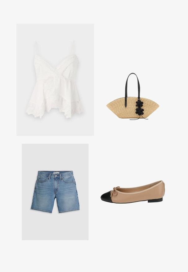 Hvid camisole med tynde stropper, prydet med blonder og blomsterbroderi i kanten. Blødt, letvægtsstof med et lagdelt design.; Lysblå denimshorts med lige snit, fem lommer og knaplukning. Fremstillet af bomuld med en glat tekstur.; Ballet flade i beige læder med spids sort tå. Har en frontsløjfe detalje og en glat tekstur. Lav profil design med en gummisål.; Stråhåndtaske med et bredt, fanformet design, sorte læderhåndtag og sorte blomsterdetaljer på den ene side.