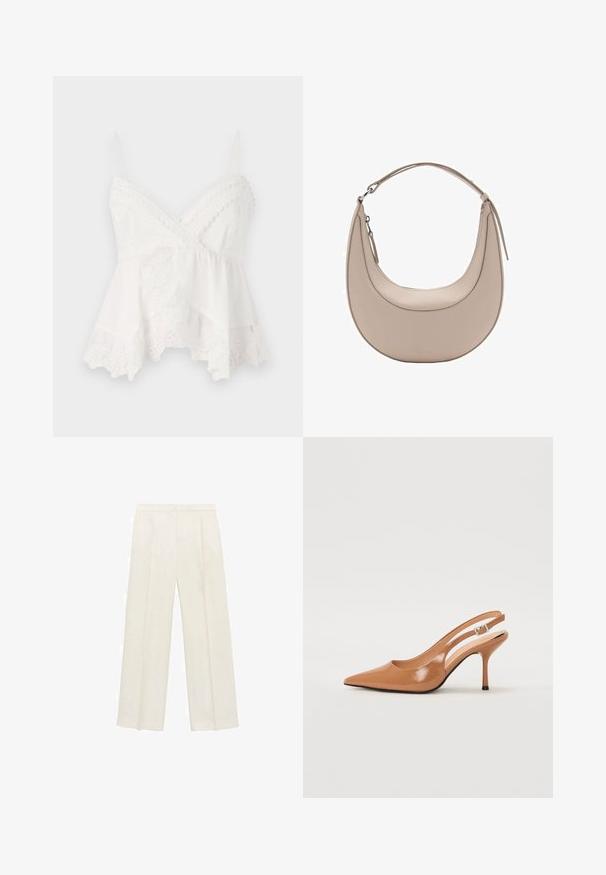 Biała kamizelka na cienkich ramiączkach, ozdobiona koronkowym wykończeniem i kwiatowym haftem na dole. Miękka, lekka tkanina o warstwowej konstrukcji.; Spodnie o szerokich nogawkach w jasnym kolorze kremowym. Wykonane z gładkiego materiału, z plisami z przodu i bocznymi kieszeniami.; Sandały na obcasie z kwadratowym noskiem, wykonane z gładkiego, błyszczącego materiału w kolorze brązowym. Charakteryzują się zaokrąglonym wycięciem i smukłym obcasem typu stiletto. Detal w postaci srebrnej klamry.; Beżowa skórzana torba na ramię o kształcie półksiężyca, gładkiej fakturze i pojedynczym zakrzywionym uchwycie. Posiada zamek błyskawiczny oraz staranne przeszycia.