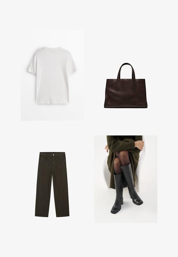 White cotton t-shirt with short sleeves, a round neck, and a smooth texture. The back is plain with no additional patterns or designs.; Dark green wide-leg jeans made of cotton blend, featuring a front button closure, five pockets, and classic denim stitching.; Knee-high black leather boots with a squared toe and block heel, shown with a model seated in an olive green coat. Smooth texture, minimal detailing.; Brown leather tote bag with two elongated handles, structured rectangular shape, smooth texture, and subtle stitching details.