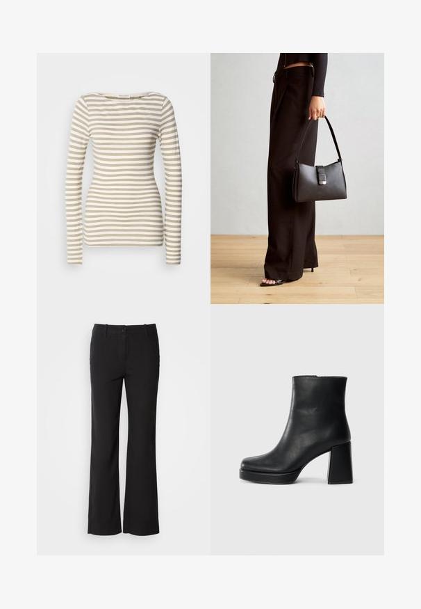 Langärmliges gestreiftes Oberteil in Beige und Weiß. Weicher Baumwollstoff mit einem Bootsausschnitt. Figurbetontes Design mit schmalen horizontalen Streifen.; Schwarze Baumwollmischungshose mit geradem Bein, vorderem Knopfverschluss und zwei Seitentaschen. Glatte Textur, keine sichtbaren Muster.; Schwarze Leder-Stiefelette mit Blockabsatz und Plattformsohle, seitlich auf einem schlichten weißen Hintergrund betrachtet.; Schwarze Handtasche mit strukturierter Form, glatter Textur und einem metallischen Verschluss. Kombiniert mit weiten schwarzen Hosen und offenen Sandalen auf einem Holzboden.