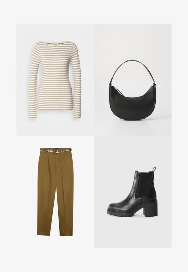 Ilga rankovėmis dryžuota palaidinė šviesiai ruda ir balta. Minkšta medvilnė su plačiu kaklu. Prigludęs dizainas su siaurais horizontaliais dryželiais.; Rudos, pritaikytus kelnes su klostėmis priekyje ir pritaikytu juosmeniu. Pridedamas tamsiai rudas odinis diržas su apvalia sagtimi.; Juodas odinis kulkšninis botas su storu kulnu, elastiniais šonų intarpais ir kilpeliu gale. Textūruotas padas geresniam sukibimui.; Juodas odinis pečių krepšys, turintis kreivą formą, ploną rankeną ir užtrauktuko uždarymą. Pasižymi lygia tekstūra ir subtiliu logotipo akcentu.