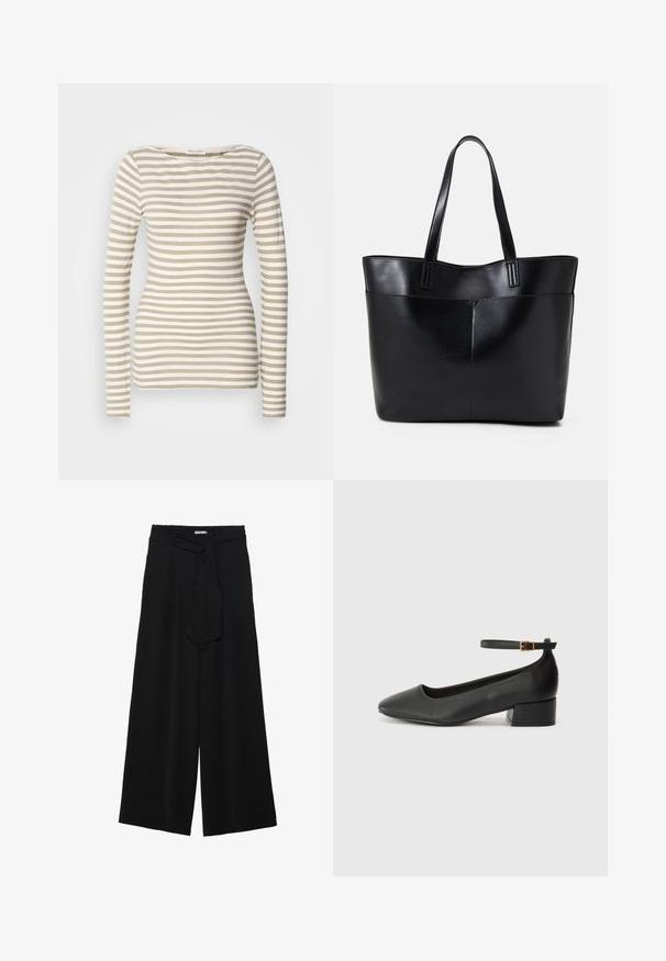 Long-sleeve striped top in beige and white. Soft cotton fabric with a boat neckline. Fitted design with narrow horizontal stripes.; Black wide-leg pants featuring a textured fabric, an elastic waistband, and a detachable sash tie at the waist for adjustable fit.; Black leather pump with a pointed toe and a low block heel. Features an ankle strap with a gold-tone buckle. Smooth texture.; Black leather tote bag with two long handles, a smooth texture, and a structured shape. Features a front pocket for additional storage.