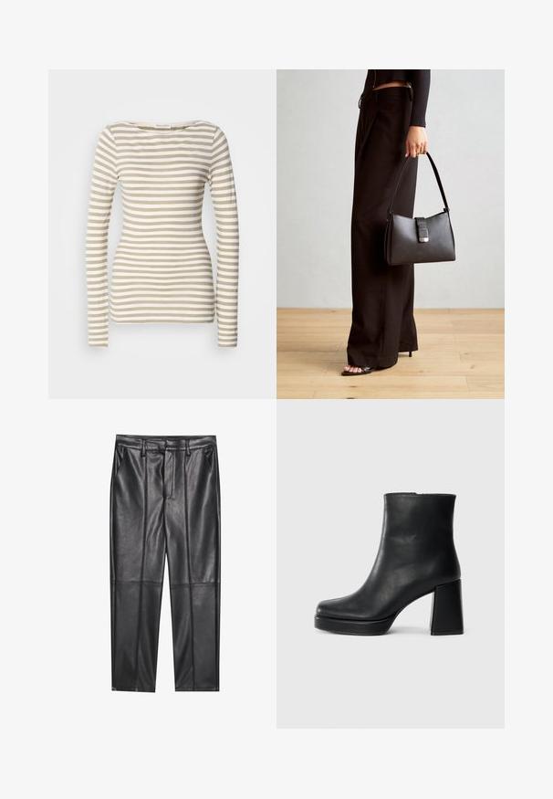 Beige og hvitstripet langermet topp. Myk bomullsstoff med båt-nakke. Fittet design med smale horisontale striper.; Sorte lærbukser med en glat tekstur, der har en lige pasform, to forlommer og synlige sømdetaljer.; Sorte skinnankelsko med blokkhæl og plattformsåle, sett fra siden på en enkel hvit bakgrunn.; Svart håndveske med strukturert form, jevn tekstur og metallisk lås. Kombinert med brede svarte bukser og sandaler med åpen tå på tregulv.
