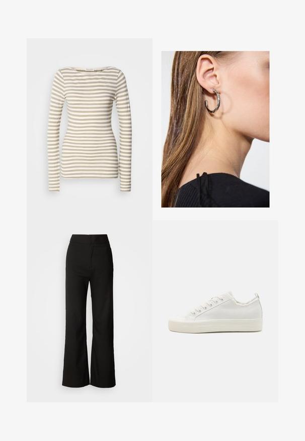Long-sleeve striped top in beige and white. Soft cotton fabric with a boat neckline. Fitted design with narrow horizontal stripes.; Black wide-leg trousers with a smooth texture, high waist, and a clean design. No visible pockets or embellishments.; White canvas sneakers with a textured upper, round toe cap, flat sole, and lace-up front. Features a slightly frayed collar and pull tab.; Silver hoop earring with a polished finish, featuring small gold accent details and a round shape, worn on the lobe.