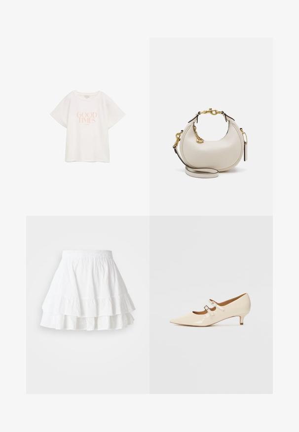 T-shirt en coton blanc avec des manches courtes et larges. Présente le texte "BONNES VIBRATIONS" en rose clair, centré sur le devant. Design simple et décontracté.; Jupe blanche à volants en tissu léger avec un motif en oeillets et un ourlet froncé. Présente une taille élastique pour plus de confort.; Chaussures Mary Jane en cuir verni beige avec deux boucles ajustables, bout pointu et un petit talon. Texture lisse avec un fini brillant.; Sac à main en cuir crème avec une forme de croissant, quincaillerie dorée, accents noirs et une bandoulière amovible. Présente un détail en chaîne et une étiquette.; Ensemble de boucles d'oreilles dorées comprenant trois paires : des clous ovales texturés, des clous au design ondulé et de grandes boucles d'oreilles avec des nervures superposées.