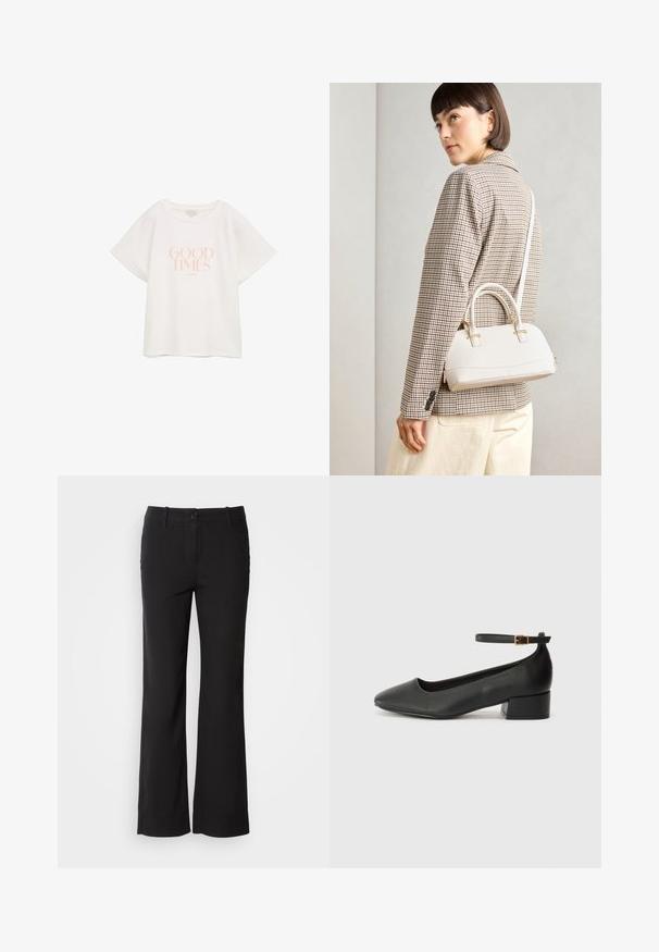 Camiseta de algodón blanca con mangas cortas y anchas. Presenta el texto "GOOD TIMES" en rosa claro, centrado en la parte delantera. Diseño simple y relajado.; Pantalones de mezcla de algodón negros con un diseño de pierna recta, cierre frontal de botón y dos bolsillos laterales. Textura suave, sin patrones visibles.; Zapato de tacón negro de cuero con punta afilada y tacón bajo cuadrado. Presenta una correa para el tobillo con una hebilla en tono dorado. Textura suave.; Bolso estructurado blanco con asas cortas y una correa para el hombro, que presenta detalles en dorado y material texturizado, exhibido sobre un fondo gris.