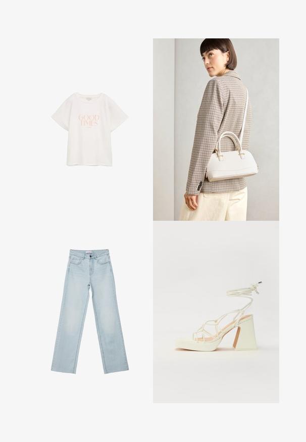 T-shirt bianco in cotone con maniche corte e larghe. Presenta il testo "GOOD TIMES" di colore rosa chiaro, centrato nella parte anteriore. Design semplice e rilassato.; Jeans a gamba larga di colore blu chiaro realizzati in denim. Presentano cinque tasche, un bottone sul davanti e dettagli sbiaditi. Taglio dritto classico con vestibilità ampia.; Sandalo bianco con tacco alto, caratterizzato da un design a cinturini e un legaccio alla caviglia. Texture liscia con una piattaforma frontale per un'altezza aggiuntiva.; Borsa a mano bianca strutturata con manici corti e tracolla, dotata di dettagli in metallo dorato e materiale testurizzato, esposta su uno sfondo grigio.