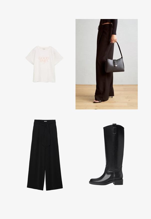 Weißes Baumwoll-T-Shirt mit kurzen, weiten Ärmeln. Auf der Vorderseite befindet sich der Text "GUTE ZEITEN" in hellrosa, zentral platziert. Einfaches, lässiges Design.; Schwarze weite Hosen aus strukturiertem Stoff, mit elastischem Bund und einem abnehmbaren Bindegürtel in der Taille für eine verstellbare Passform.; Schwarze kniehohe Stiefel aus glattem synthetischen Material. Verfügt über eine abgerundete Zehenpartie, einen niedrigen Blockabsatz und vertikale Nähte.; Schwarze Handtasche mit strukturierter Form, glatter Textur und einem metallischen Verschluss. Kombiniert mit weiten schwarzen Hosen und offenen Sandalen auf einem Holzboden.; Goldfarbene Ohrringe, bestehend aus drei Paaren: strukturierte ovale Stecker, ohrringe mit gewelltem Design und große Creolen mit geschichteten Rillen.