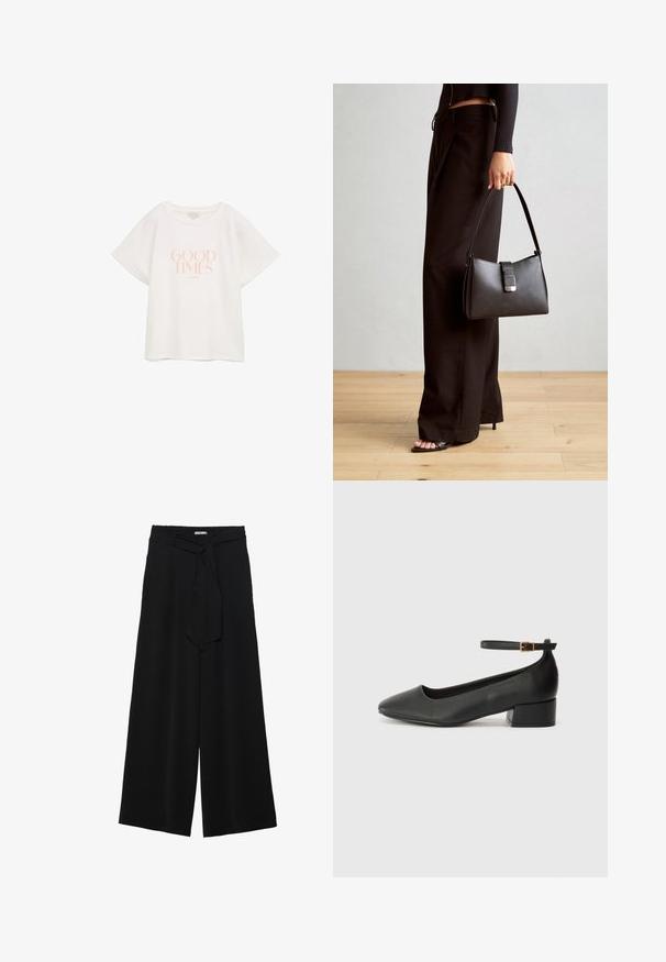 Weißes Baumwoll-T-Shirt mit kurzen, weiten Ärmeln. Auf der Vorderseite befindet sich der Text "GUTE ZEITEN" in hellrosa, zentral platziert. Einfaches, lässiges Design.; Schwarze weite Hosen aus strukturiertem Stoff, mit elastischem Bund und einem abnehmbaren Bindegürtel in der Taille für eine verstellbare Passform.; Schwarze Lederpumps mit spitzem Zehenbereich und niedrigem Blockabsatz. Mit einem Knöchelriemen und einer goldfarbenen Schnalle. Glatte Textur.; Schwarze Handtasche mit strukturierter Form, glatter Textur und einem metallischen Verschluss. Kombiniert mit weiten schwarzen Hosen und offenen Sandalen auf einem Holzboden.