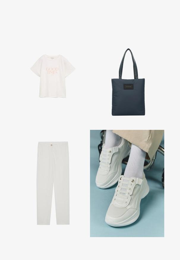 T-shirt bianco in cotone con maniche corte e larghe. Presenta il testo "GOOD TIMES" di colore rosa chiaro, centrato nella parte anteriore. Design semplice e rilassato.; Pantaloni bianchi su misura con design a gamba dritta, dotati di chiusura a bottone, passanti per cintura e tasche laterali; tessuto morbido.; Sneaker bianchi realizzati in materiale a rete, suola in gomma, design senza lacci con bande elastiche e dettagli in tonalità oro.; Borsa a tracolla blu navy realizzata in nylon liscio, con due manici texturizzati e una patch rettangolare nera con logo sul fronte.