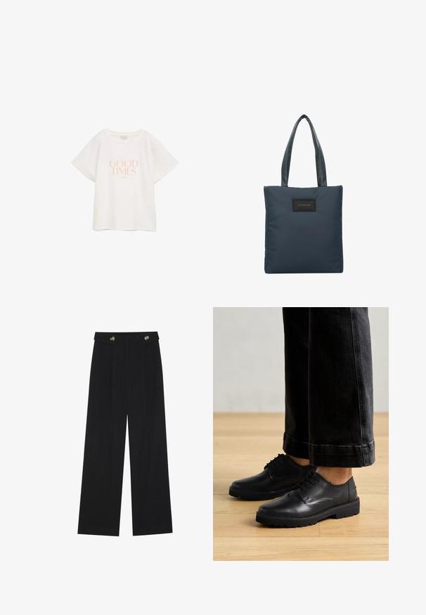 Witte katoenen t-shirt met korte, brede mouwen. Kenmerkt zich door de tekst "GOOD TIMES" in lichtroze, gecentreerd op de voorkant. Eenvoudig, ontspannen ontwerp.; Zwarte wijde broek met hoge taille, knoopdetails op de tailleband en plooien aan de voorkant.; Zwarte leren veterschoenen met een gladde textuur, ronde neus en een dikke rubberen zool, gecombineerd met cropped donkere spijkerbroeken.; Marineblauwe draagtas van glad nylon, met twee gestructureerde handvatten en een zwart rechthoekig logo-opdruk op de voorkant.