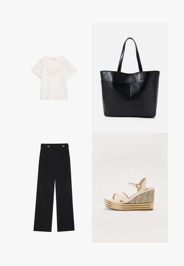 Valge puuvillane T-särk lühikeste laiade varrukatega. Esiküljel on keskel helesinise tekst "GOOD TIMES". Lihtne ja mugav disain.; Mustad laiad püksid kõrge vöökoha ja nööpdetailidega vööandil, esikortsudega.; Kreppjalad, millel on kreemivärvi kangas ülemine osa, reguleeritav pahkluu rihm ja tekstureeritud kootud konts, millel on kuldsed aksessuaarid ja kihid heina.; Must mustaga musta nahast, millel on kaks pikka kanda, sile tekstuur ja struktureeritud kuju. Esipoolsel on lisakoti jaoks tasku.