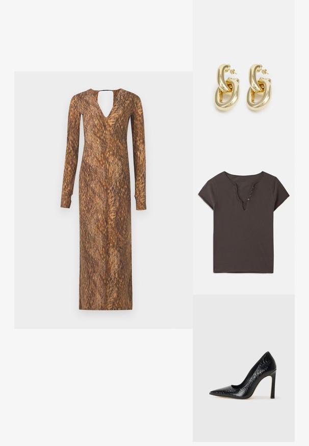 Tmavě šedé bavlněné tričko s výstřihem do V, krátkými rukávy a řadou knoflíků vpředu. Měkká textura a ležérní design.; Šaty s dlouhým rukávem, výstřihem do V a klíčovou dírkou na zádech, s hnědou texturou a vzorem připomínajícím kožešinu po celé látce.; Černý lodičkový bot s špičatou špičkou, pokrytý texturou krokodýlí kůže, s elegantním designem, vysokým stiletto podpatkem a hladkým černým interiérem.; Černá kabelka ve tvaru psaníčka s krokodýlím vzorem a stříbrným kováním, držena proti texturovanému šedému pozadí. Vyznačuje se lesklým povrchem.; Rabanne XL LINK  DOUBLE HOOP EARRINGS - Náušnice - gold-coloured